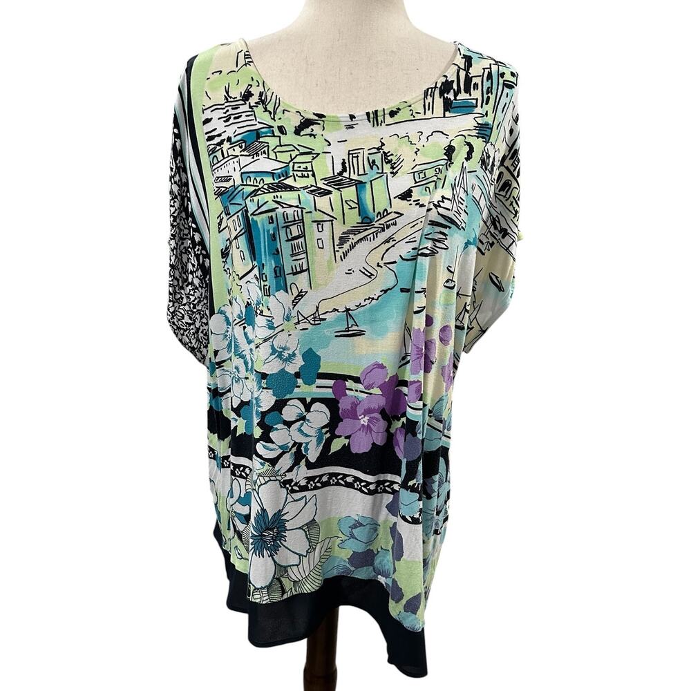 CJ Banks Asymmetrical Mediterranean Coast Novelty Print Top Plus Size 1X EUC